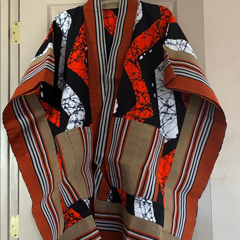 Bold Abstract Pattern African Kimono in Rust, Black & White 2 piece pant set